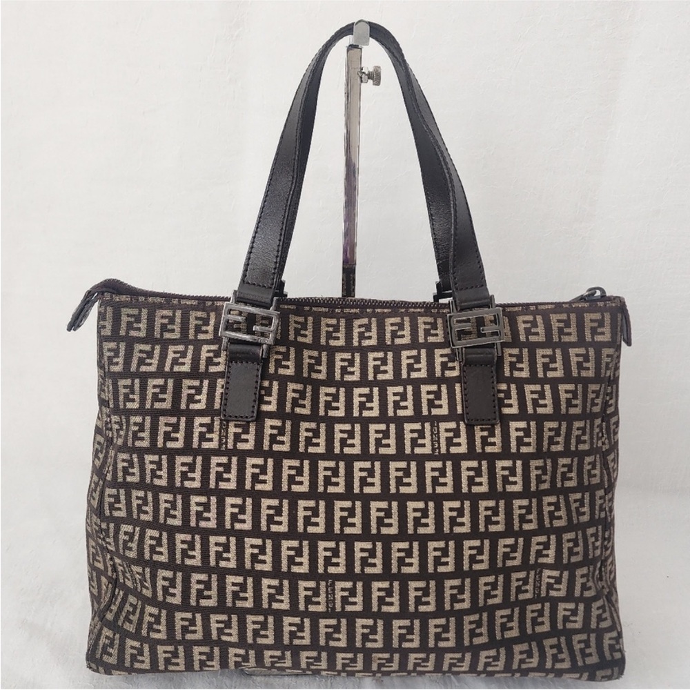 Vintage Fendi Zucchino FF Monogram Canvas Tote Bag Brown Leather Trim Italy